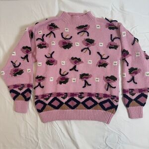 Vtg 90s Izod Club Hand Knit Floral Cotton Sweater Cottagecore L